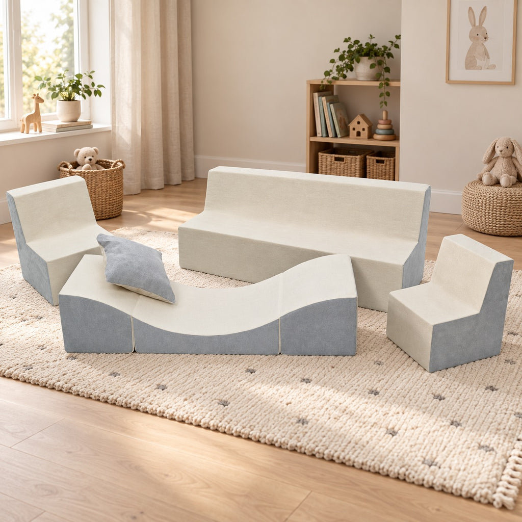 Barnmöbelset: 2xfåtölj + soffa + vilstol i skandinavisk hemmiljö – ELVI KIDS