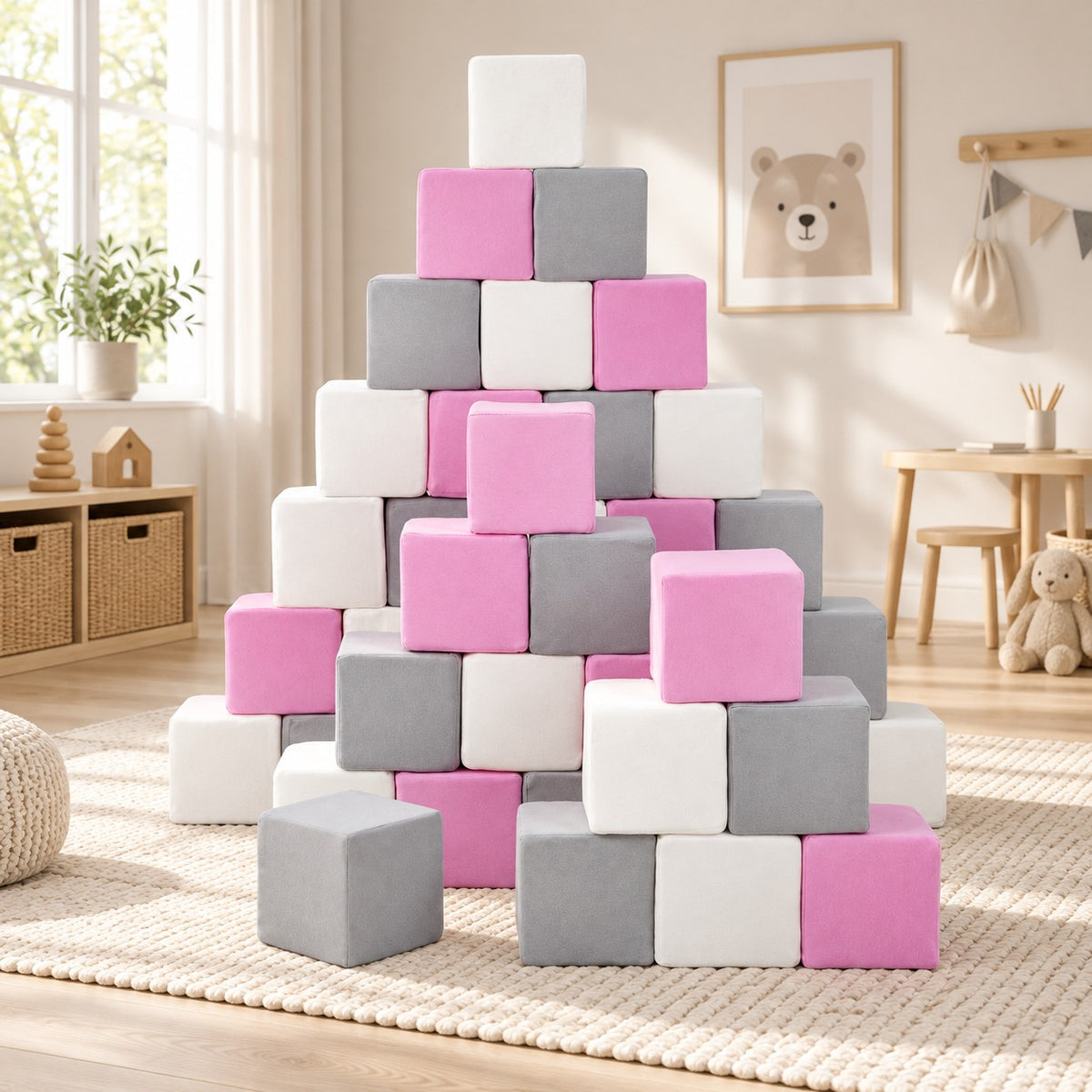 Pyramidset med 45 stora skumblock i skandinavisk hemmiljö – ELVI KIDS