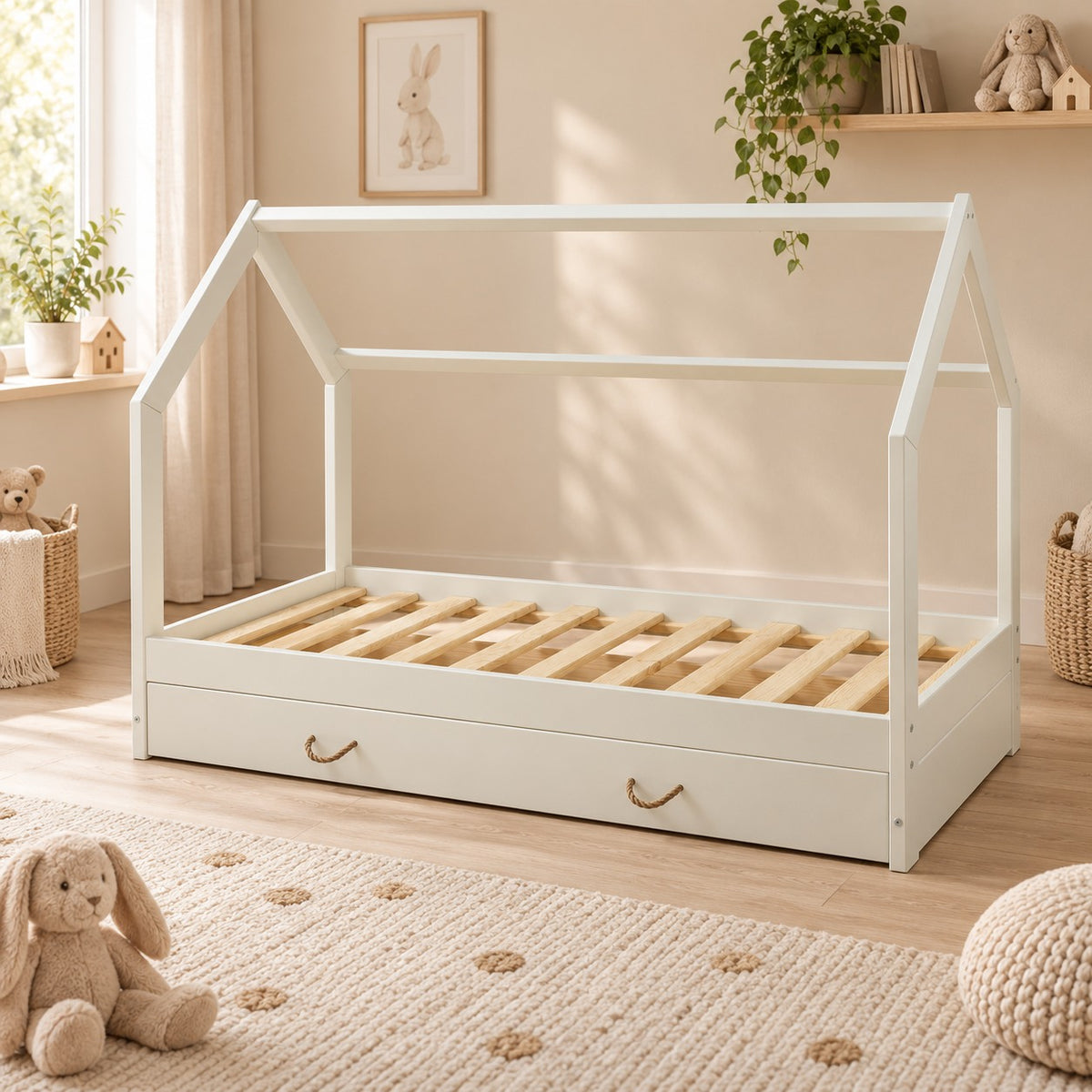 Barnsäng i skandinavisk stil 160 × 80 med låda i skandinavisk hemmiljö – ELVI KIDS