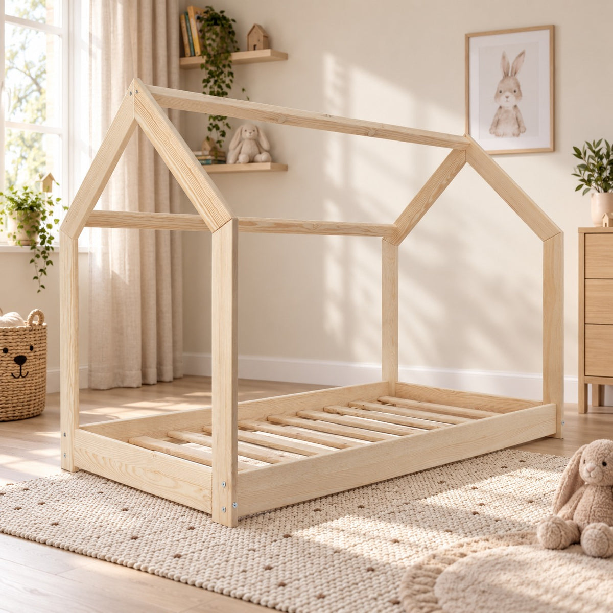 Husformad barnsäng i naturträ – 160 × 80 cm i skandinavisk hemmiljö – ELVI KIDS