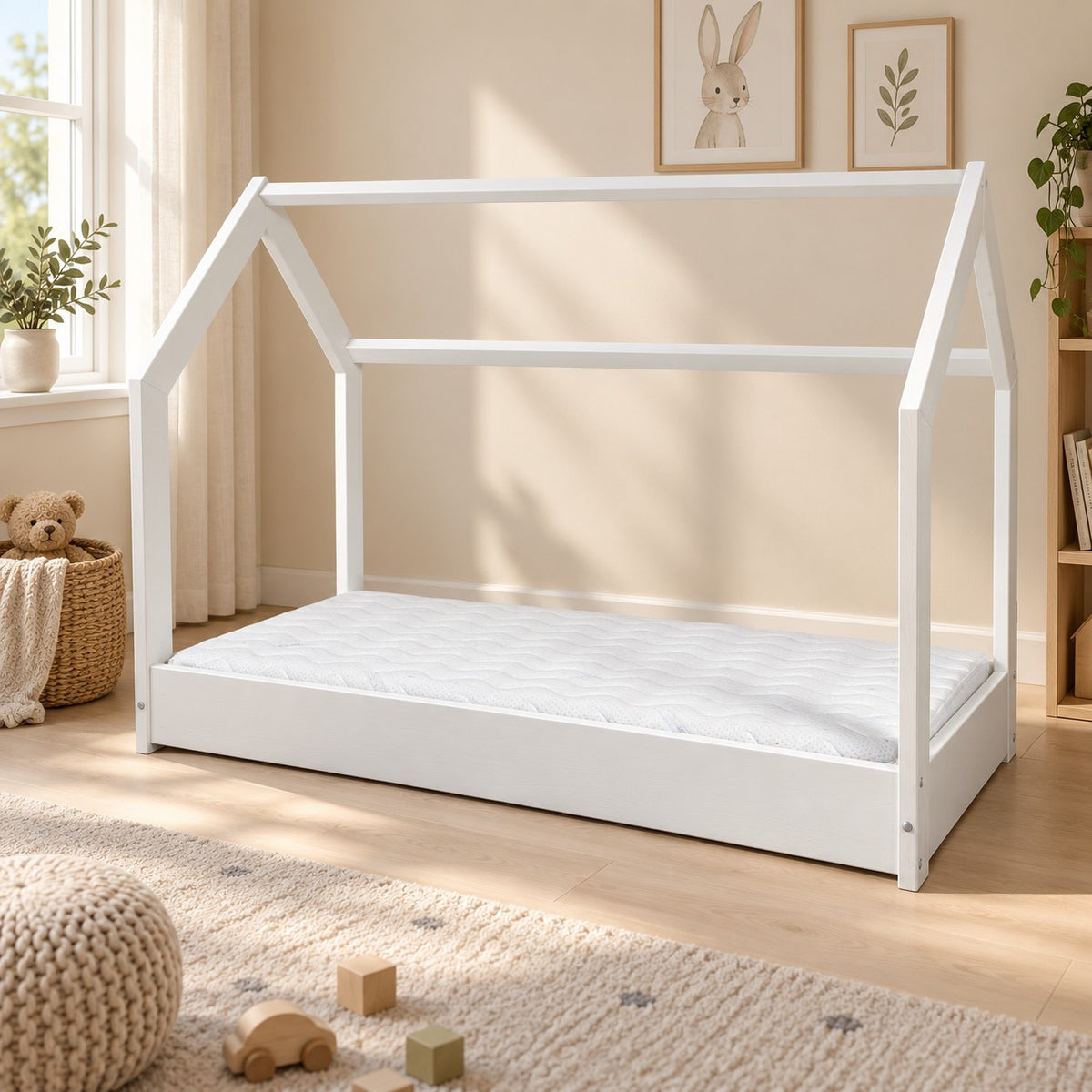 Barnsäng i trä med ECO-madrass 160 × 80 i skandinavisk hemmiljö – ELVI KIDS
